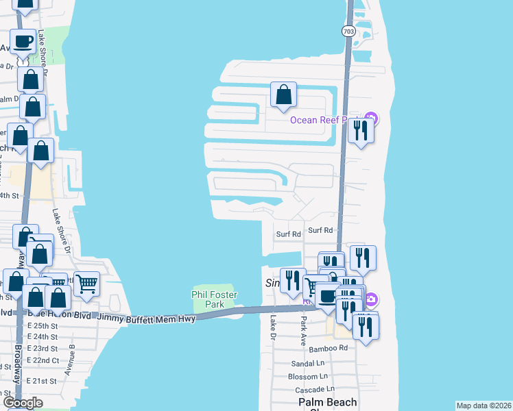 map of restaurants, bars, coffee shops, grocery stores, and more near 1130 Sugar Sands Boulevard in Riviera Beach