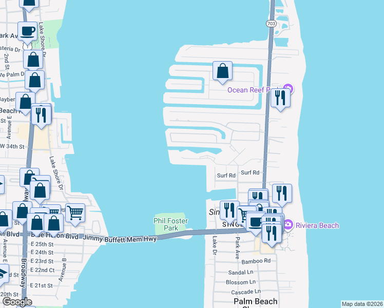 map of restaurants, bars, coffee shops, grocery stores, and more near 1061 Singer Drive in West Palm Beach