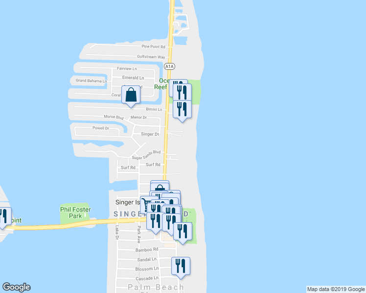 map of restaurants, bars, coffee shops, grocery stores, and more near 3400 North Ocean Drive in Riviera Beach