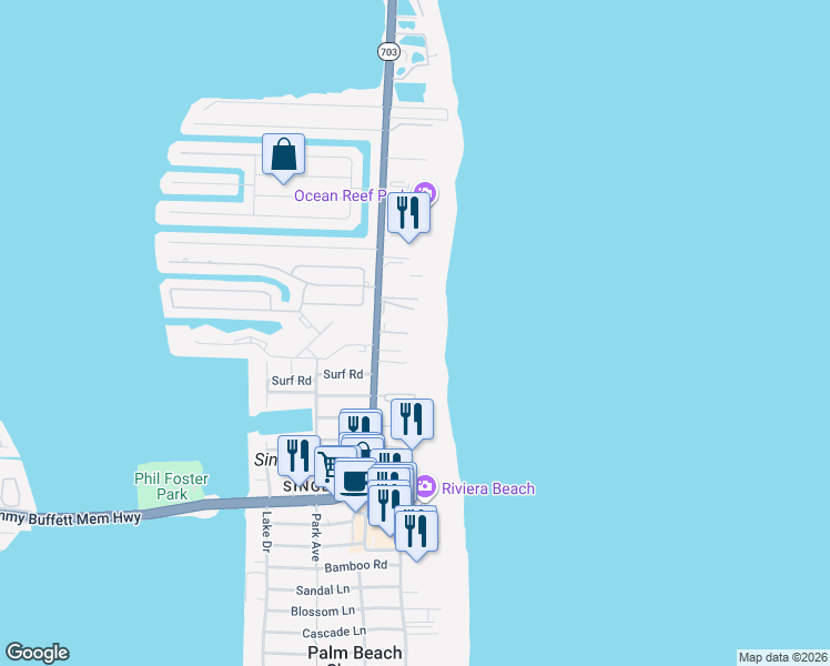 map of restaurants, bars, coffee shops, grocery stores, and more near 3640 North Ocean Drive in West Palm Beach