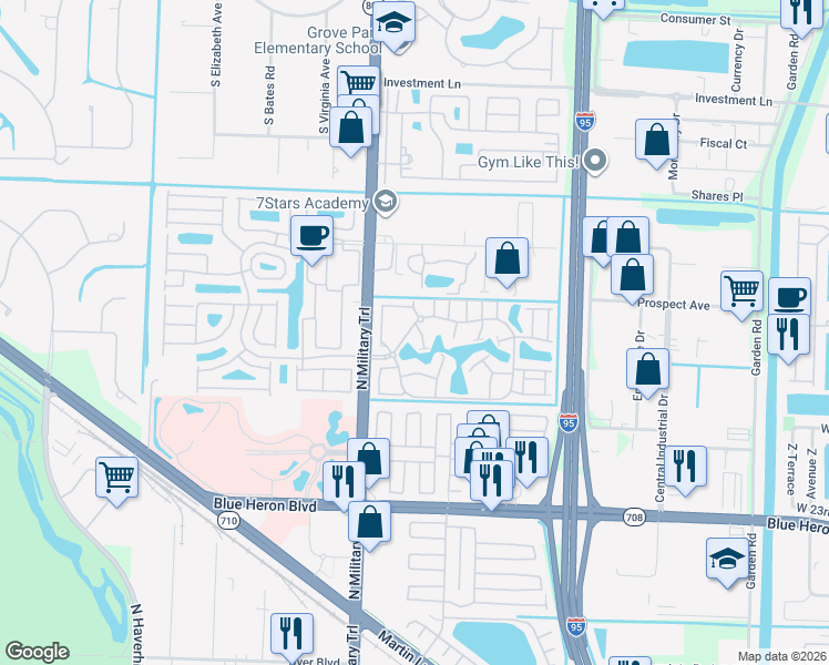 map of restaurants, bars, coffee shops, grocery stores, and more near 4021 Sycamore Cove in Riviera Beach