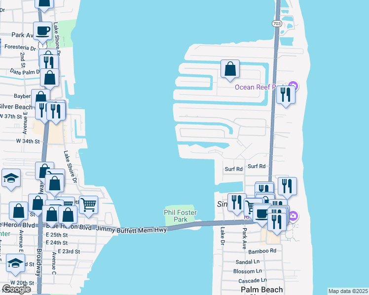 map of restaurants, bars, coffee shops, grocery stores, and more near 1021 Singer Drive in West Palm Beach
