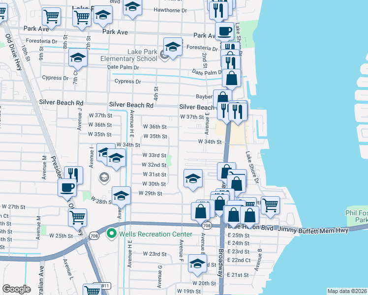 map of restaurants, bars, coffee shops, grocery stores, and more near 171 West 34th Street in West Palm Beach