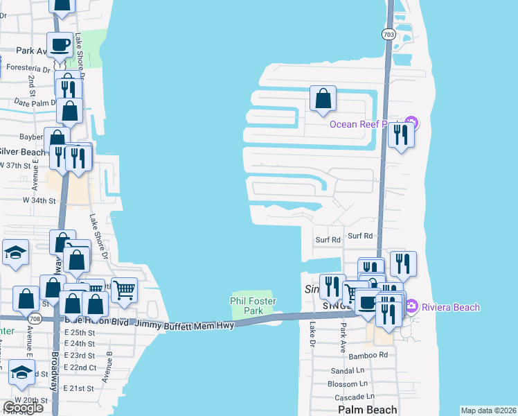 map of restaurants, bars, coffee shops, grocery stores, and more near 1030 Sugar Sands Boulevard in Riviera Beach