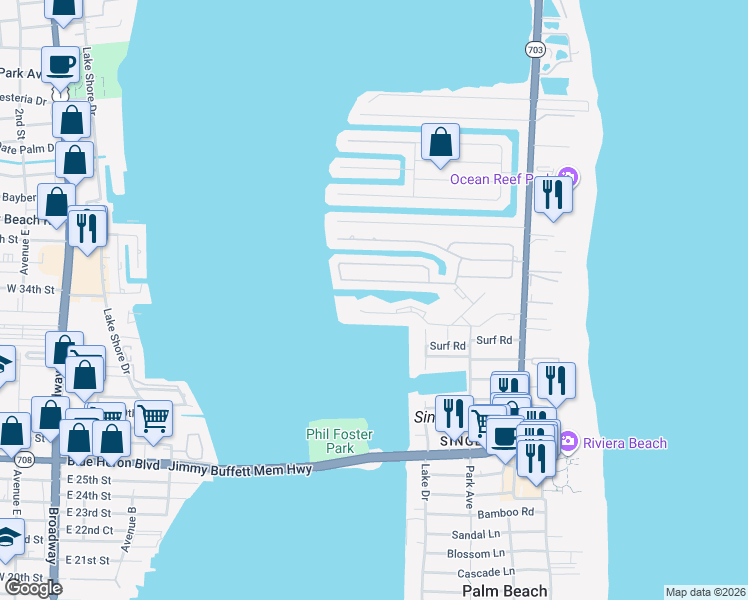 map of restaurants, bars, coffee shops, grocery stores, and more near 1061 Singer Drive in West Palm Beach
