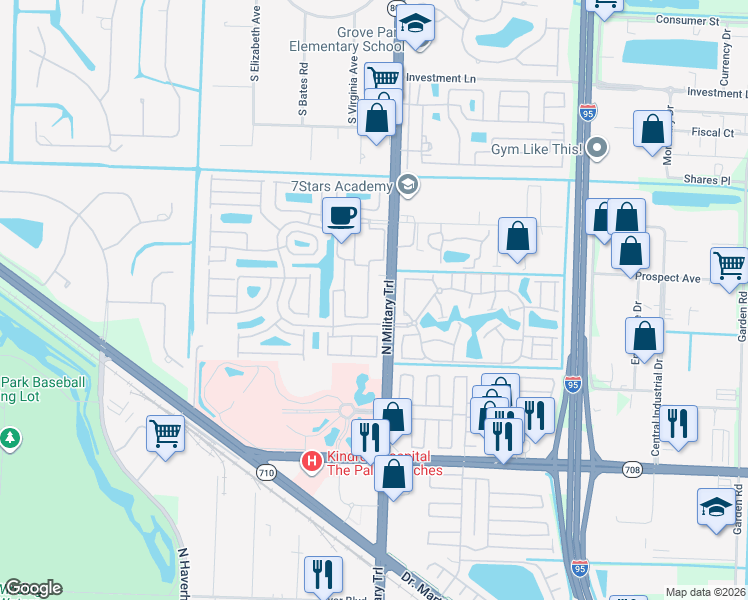 map of restaurants, bars, coffee shops, grocery stores, and more near 7731 North Military Trail in West Palm Beach