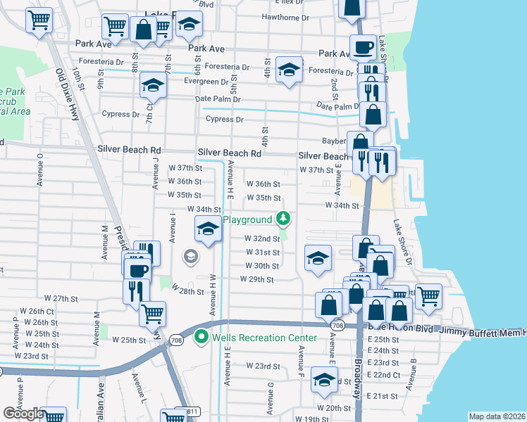 map of restaurants, bars, coffee shops, grocery stores, and more near 460 West 34th Street in West Palm Beach