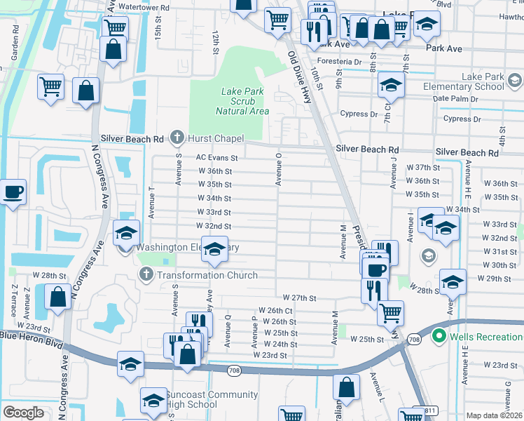 map of restaurants, bars, coffee shops, grocery stores, and more near 1373 West 34th Street in West Palm Beach