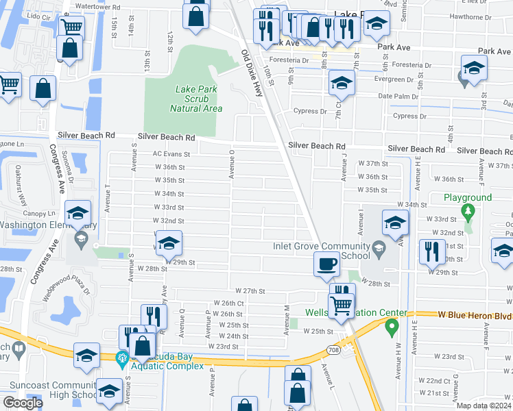 map of restaurants, bars, coffee shops, grocery stores, and more near 1217 West 34th Street in West Palm Beach