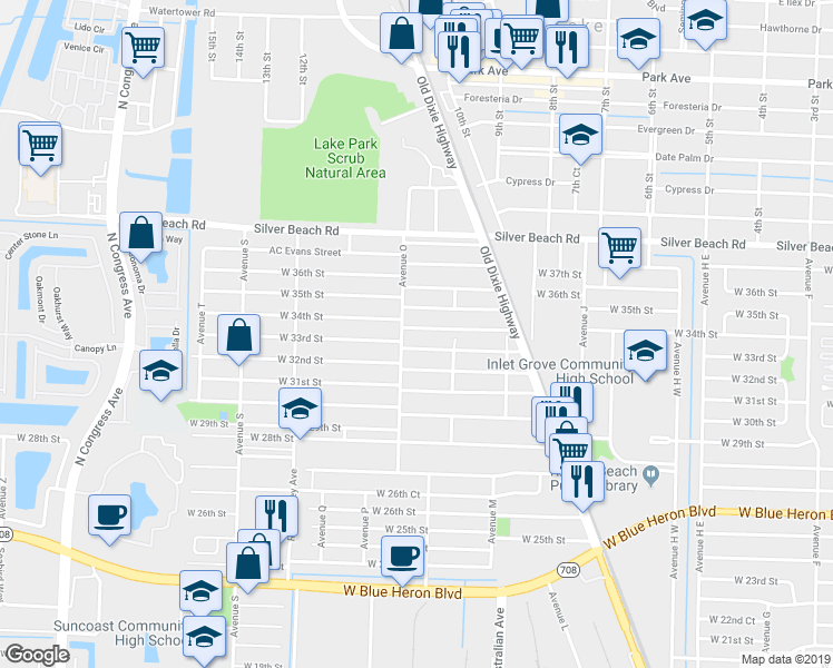 map of restaurants, bars, coffee shops, grocery stores, and more near 3400 Avenue O in West Palm Beach