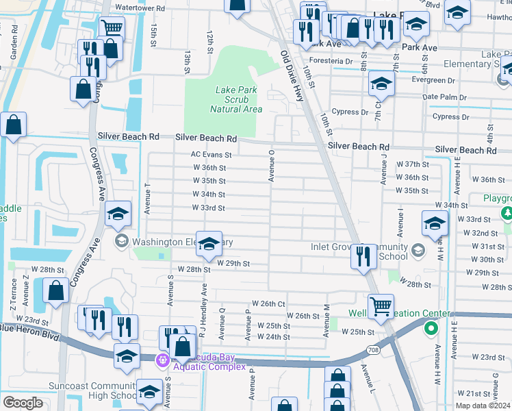 map of restaurants, bars, coffee shops, grocery stores, and more near 1373 West 34th Street in West Palm Beach