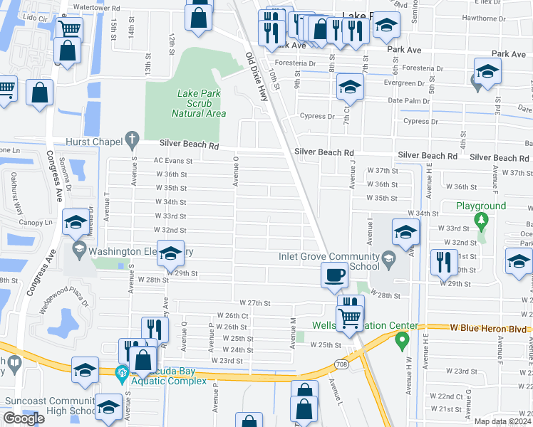 map of restaurants, bars, coffee shops, grocery stores, and more near 1201 West 34th Street in West Palm Beach