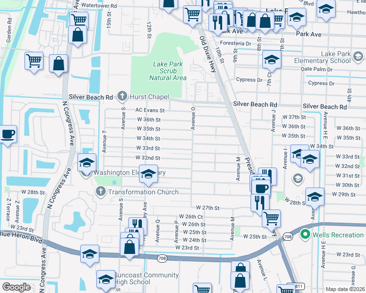 map of restaurants, bars, coffee shops, grocery stores, and more near 3400 Avenue O in West Palm Beach