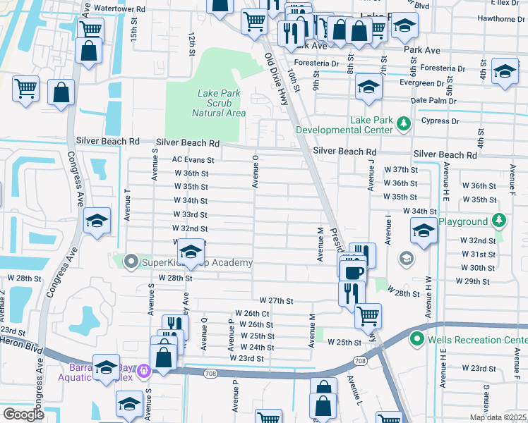 map of restaurants, bars, coffee shops, grocery stores, and more near 3400 Avenue O in West Palm Beach