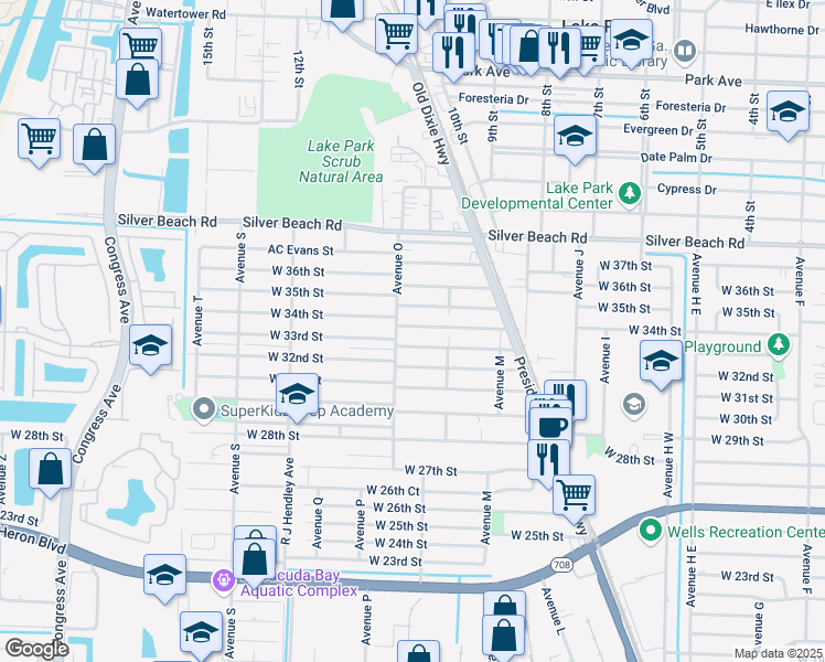 map of restaurants, bars, coffee shops, grocery stores, and more near 3400 Avenue O in West Palm Beach