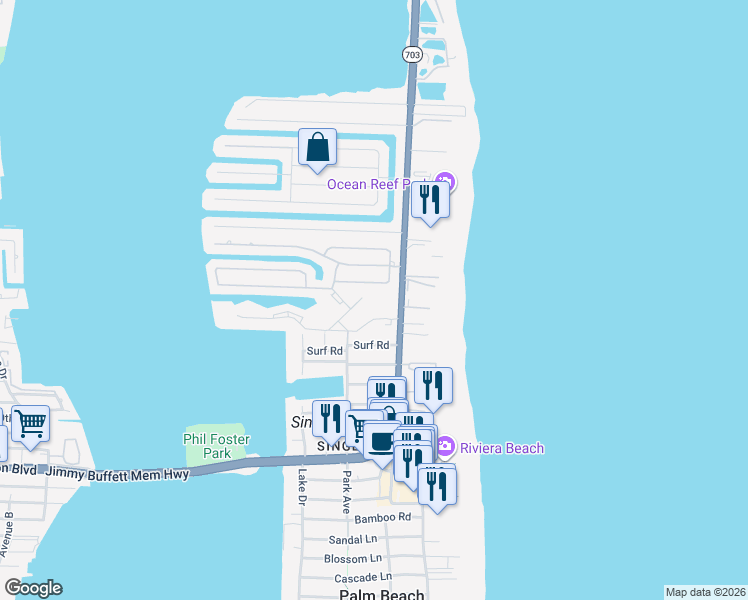 map of restaurants, bars, coffee shops, grocery stores, and more near 1252 Sugar Sands Boulevard in Riviera Beach
