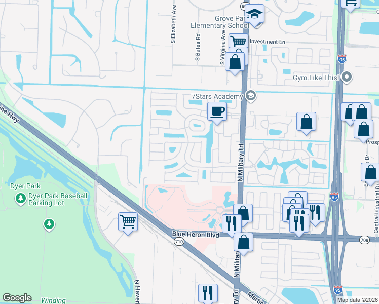 map of restaurants, bars, coffee shops, grocery stores, and more near 5105 Elpine Way in West Palm Beach