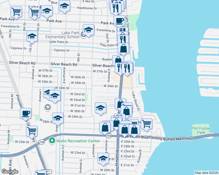 map of restaurants, bars, coffee shops, grocery stores, and more near 101 West 34th Street in West Palm Beach