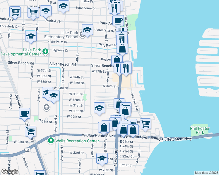 map of restaurants, bars, coffee shops, grocery stores, and more near 101 West 34th Street in West Palm Beach