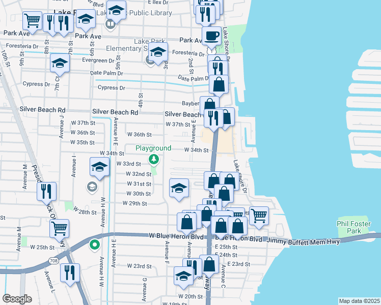 map of restaurants, bars, coffee shops, grocery stores, and more near 101 West 34th Street in West Palm Beach