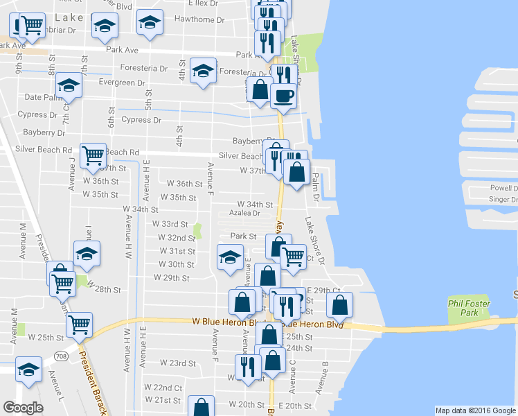 map of restaurants, bars, coffee shops, grocery stores, and more near 27 West 34th Street in Riviera Beach
