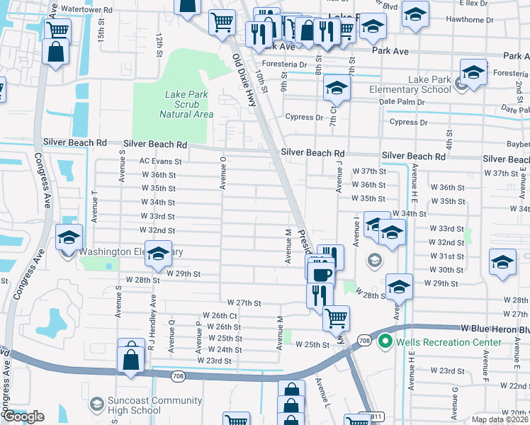 map of restaurants, bars, coffee shops, grocery stores, and more near 1156 West 34th Street in West Palm Beach