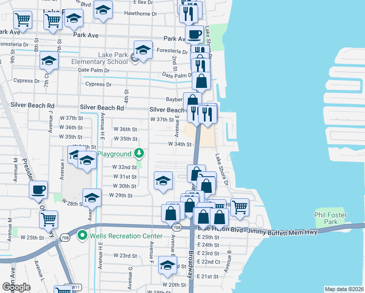 map of restaurants, bars, coffee shops, grocery stores, and more near 55 West 34th Street in West Palm Beach