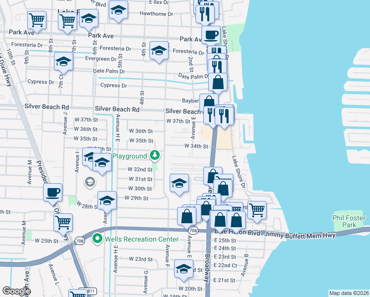 map of restaurants, bars, coffee shops, grocery stores, and more near 101 West 34th Street in West Palm Beach