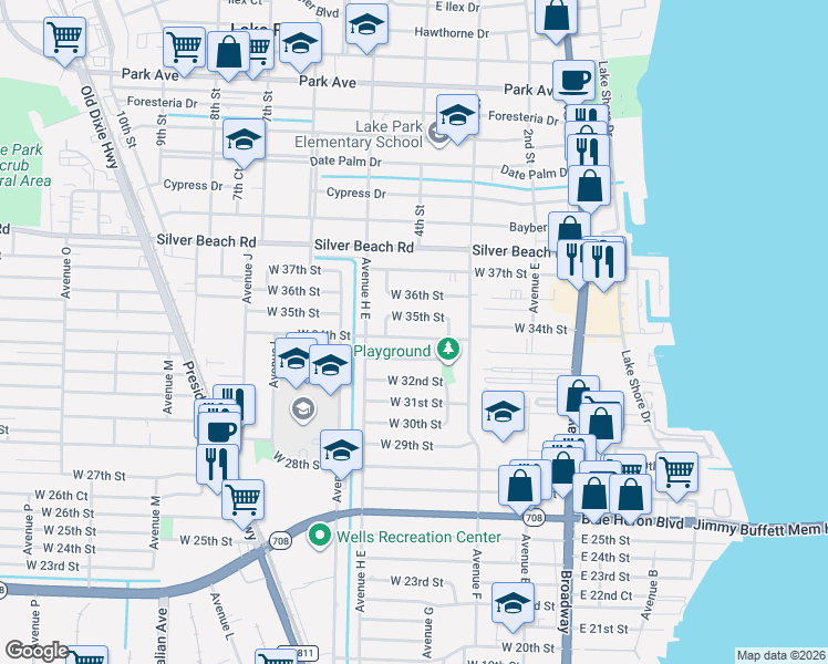 map of restaurants, bars, coffee shops, grocery stores, and more near 460 West 34th Street in West Palm Beach