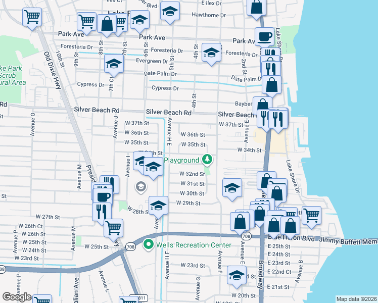 map of restaurants, bars, coffee shops, grocery stores, and more near 460 West 34th Street in West Palm Beach