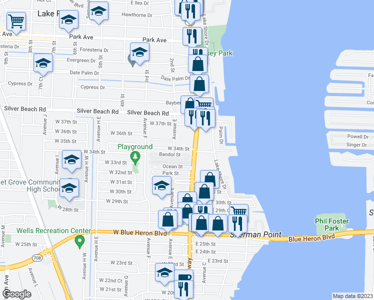 map of restaurants, bars, coffee shops, grocery stores, and more near 27 West 34th Street in Riviera Beach