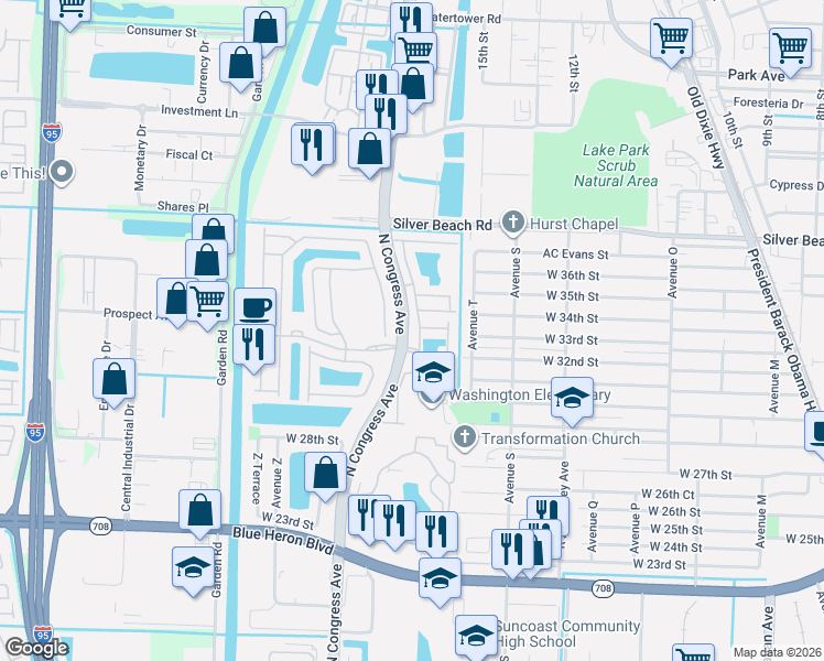 map of restaurants, bars, coffee shops, grocery stores, and more near 2373 Centre Stone Lane in Riviera Beach