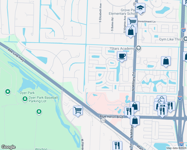 map of restaurants, bars, coffee shops, grocery stores, and more near 5338 Edenwood Lane in Riviera Beach