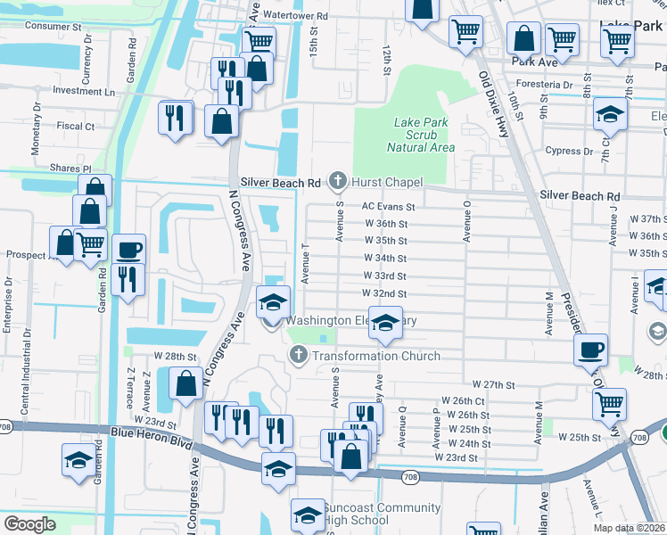 map of restaurants, bars, coffee shops, grocery stores, and more near 3318 Avenue S in Riviera Beach
