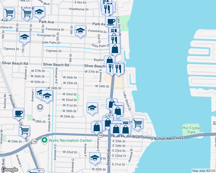 map of restaurants, bars, coffee shops, grocery stores, and more near 27 West 34th Street in Riviera Beach