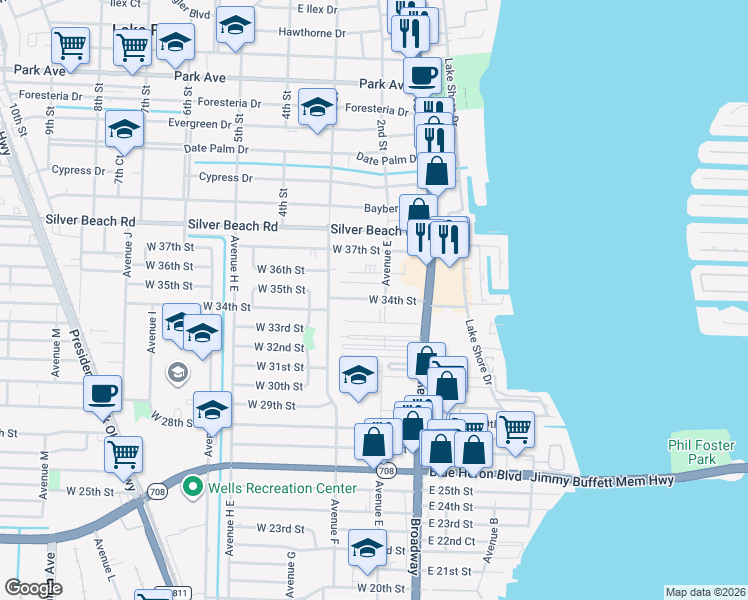 map of restaurants, bars, coffee shops, grocery stores, and more near 101 West 34th Street in West Palm Beach