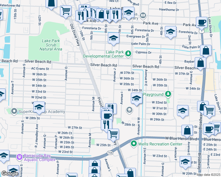 map of restaurants, bars, coffee shops, grocery stores, and more near 3319 Avenue J in West Palm Beach