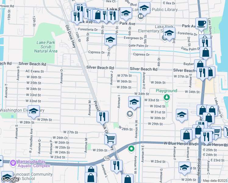 map of restaurants, bars, coffee shops, grocery stores, and more near 706 West 34th Street in Riviera Beach