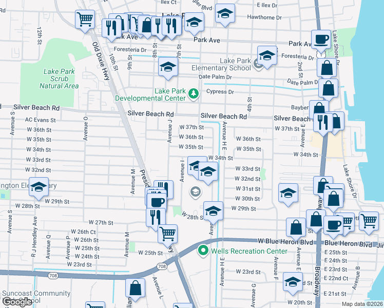 map of restaurants, bars, coffee shops, grocery stores, and more near 630 West 34th Street in West Palm Beach