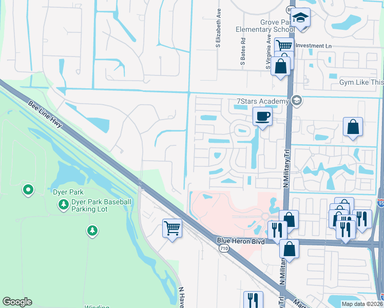map of restaurants, bars, coffee shops, grocery stores, and more near 5167 Elpine Way in West Palm Beach