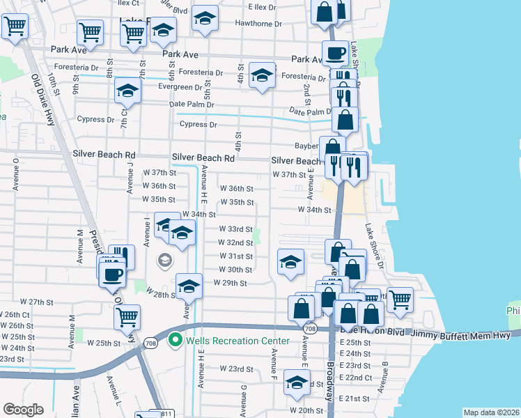 map of restaurants, bars, coffee shops, grocery stores, and more near 350 West 35th Street in West Palm Beach