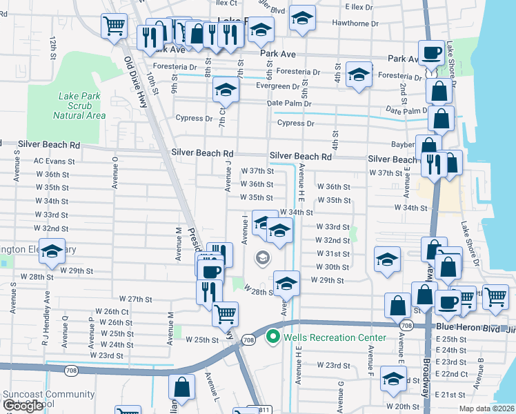 map of restaurants, bars, coffee shops, grocery stores, and more near 630 West 34th Street in West Palm Beach