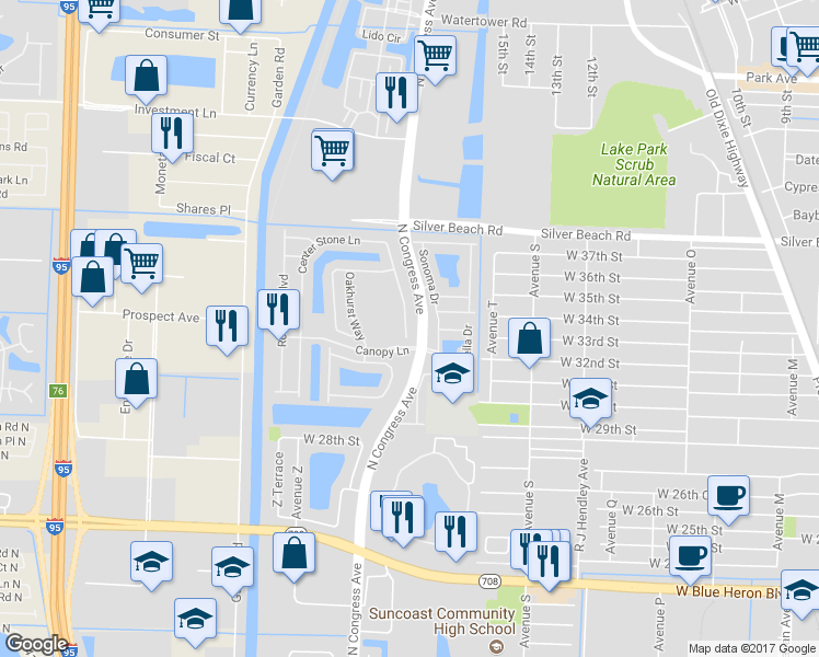 map of restaurants, bars, coffee shops, grocery stores, and more near 2373 Centre Stone Lane in Riviera Beach