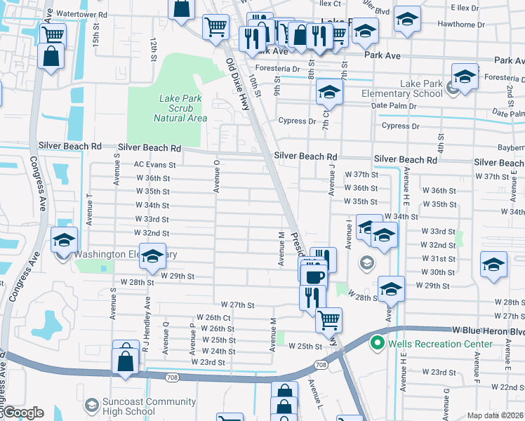map of restaurants, bars, coffee shops, grocery stores, and more near 1156 West 34th Street in West Palm Beach