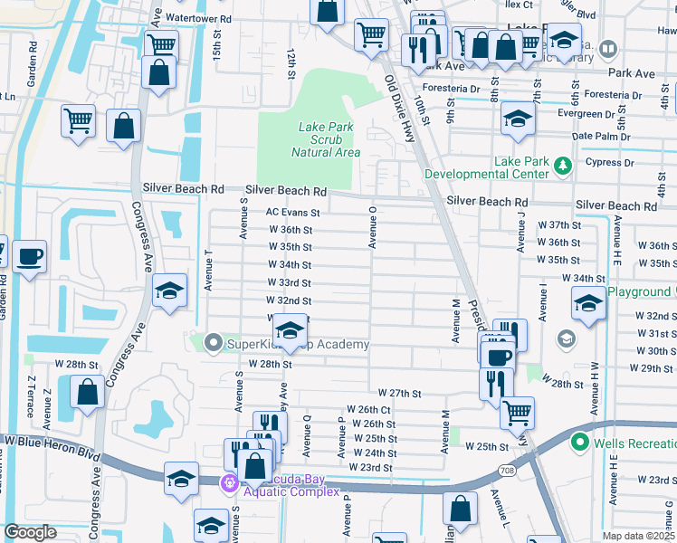 map of restaurants, bars, coffee shops, grocery stores, and more near 1373 West 34th Street in West Palm Beach