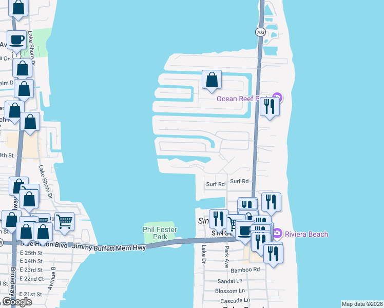 map of restaurants, bars, coffee shops, grocery stores, and more near 1111 Singer Drive in Riviera Beach