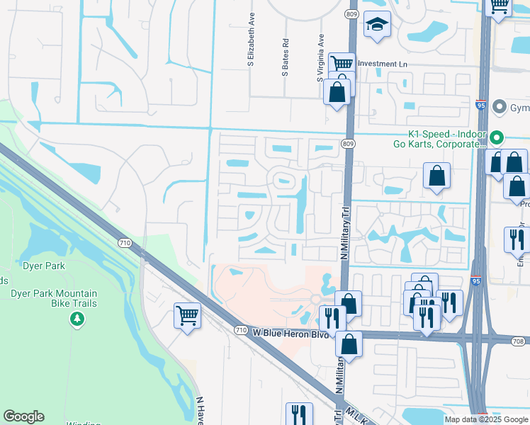 map of restaurants, bars, coffee shops, grocery stores, and more near 5105 Elpine Way in West Palm Beach