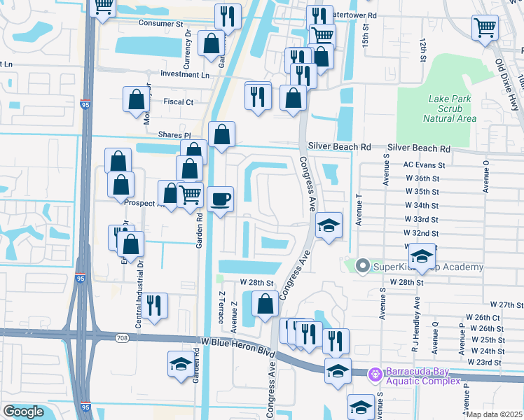 map of restaurants, bars, coffee shops, grocery stores, and more near 2119 Oakmont Drive in Riviera Beach