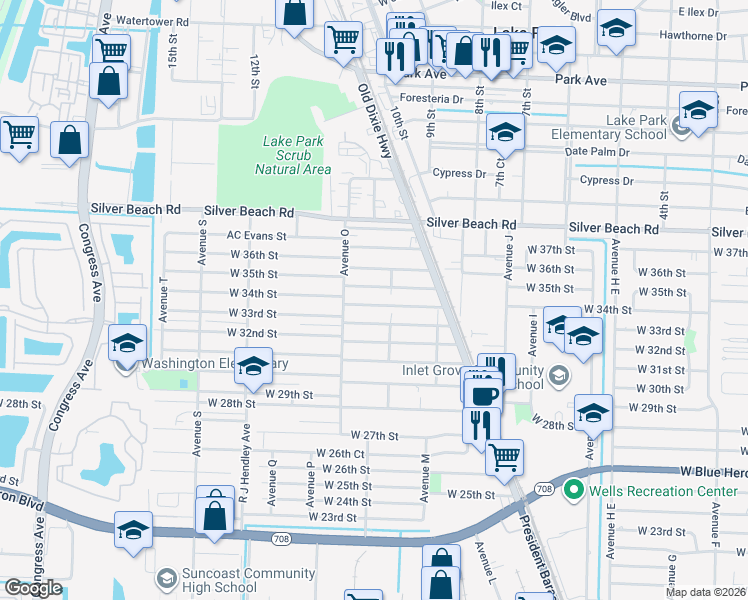 map of restaurants, bars, coffee shops, grocery stores, and more near 1232 West 34th Street in West Palm Beach