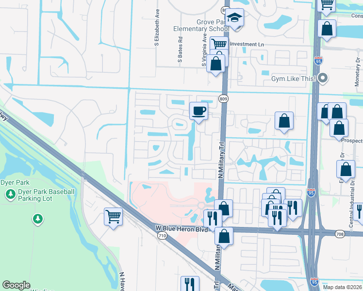 map of restaurants, bars, coffee shops, grocery stores, and more near 8022 Via Hacienda in Riviera Beach
